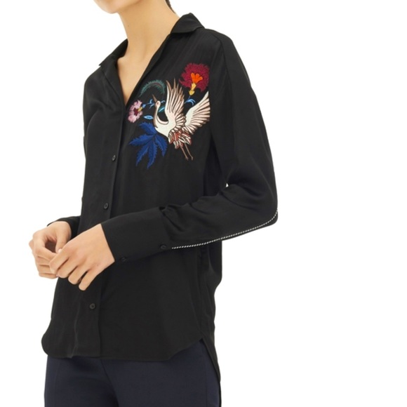 Sandro Tops - Sandro Paris Hoxton Bird Embroidered Black Satin Button Down Shirt